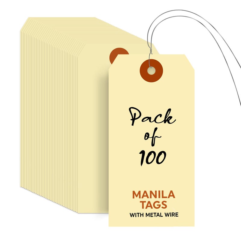 SmartSign Blank Manila Tags with Wire (Pre-Attached)- Pack of 100, Size-5, 13pt Thick Cardstock Shipping Tag, 4 3/4" x 2 3/8" Paper Hang Tags with Reinforced Fiber Patch - Image 1